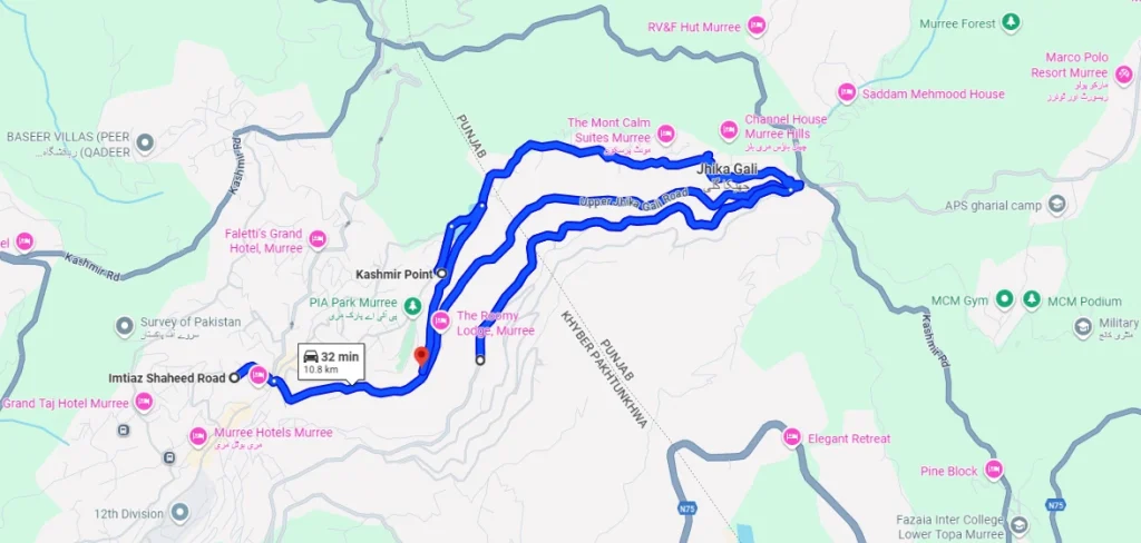 Fiora Hotel distance from different location imtiaz shaheed road, upper and lower jhika gali and kashmir point