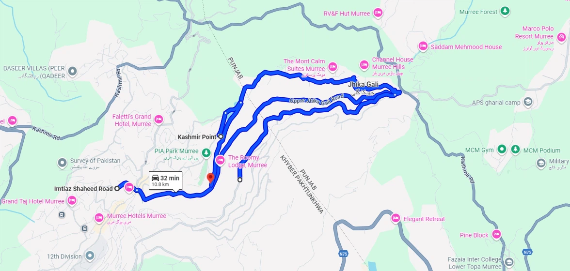 Fiora Hotel distance from different location imtiaz shaheed road, upper and lower jhika gali and kashmir point