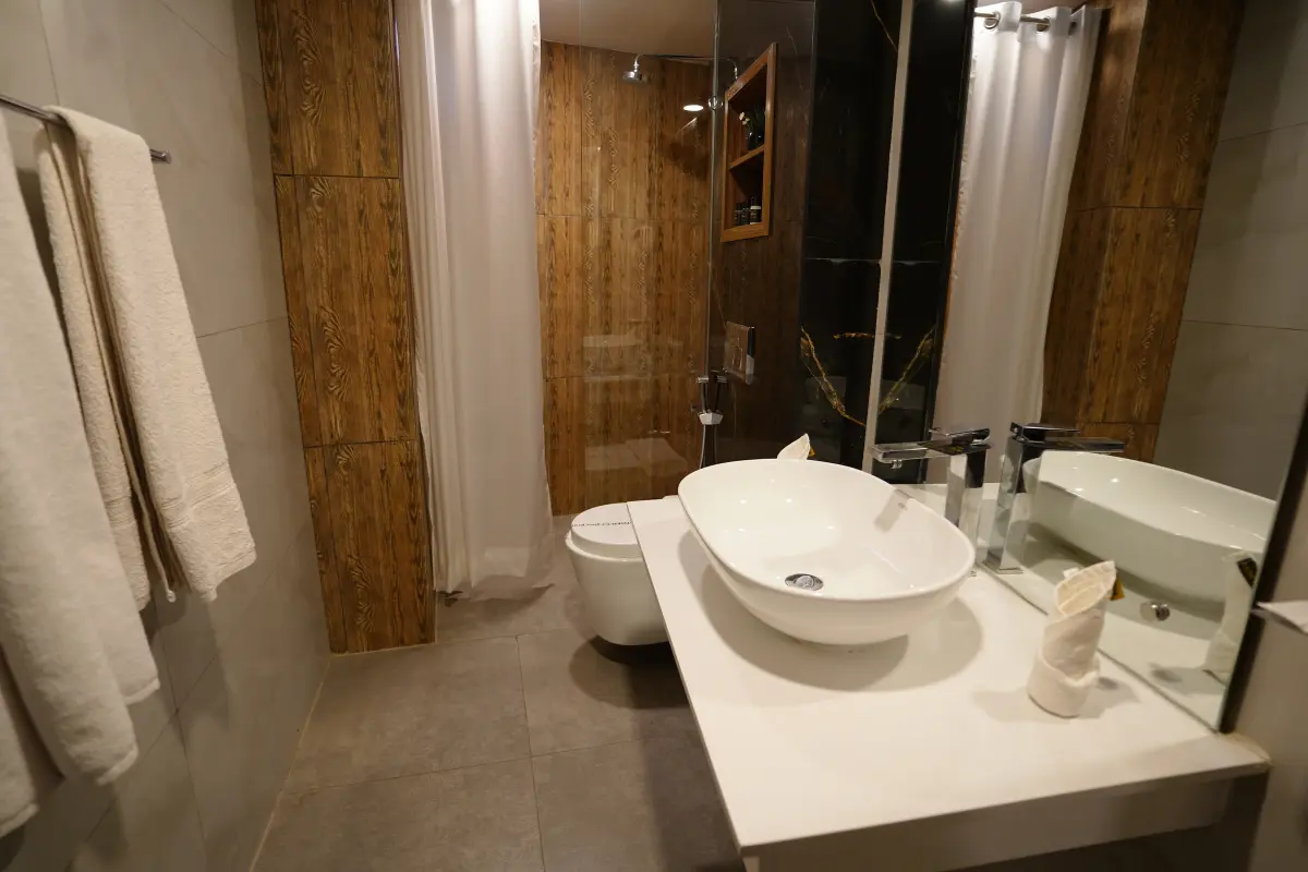 Luxury bathroom with modern accessories in studio room