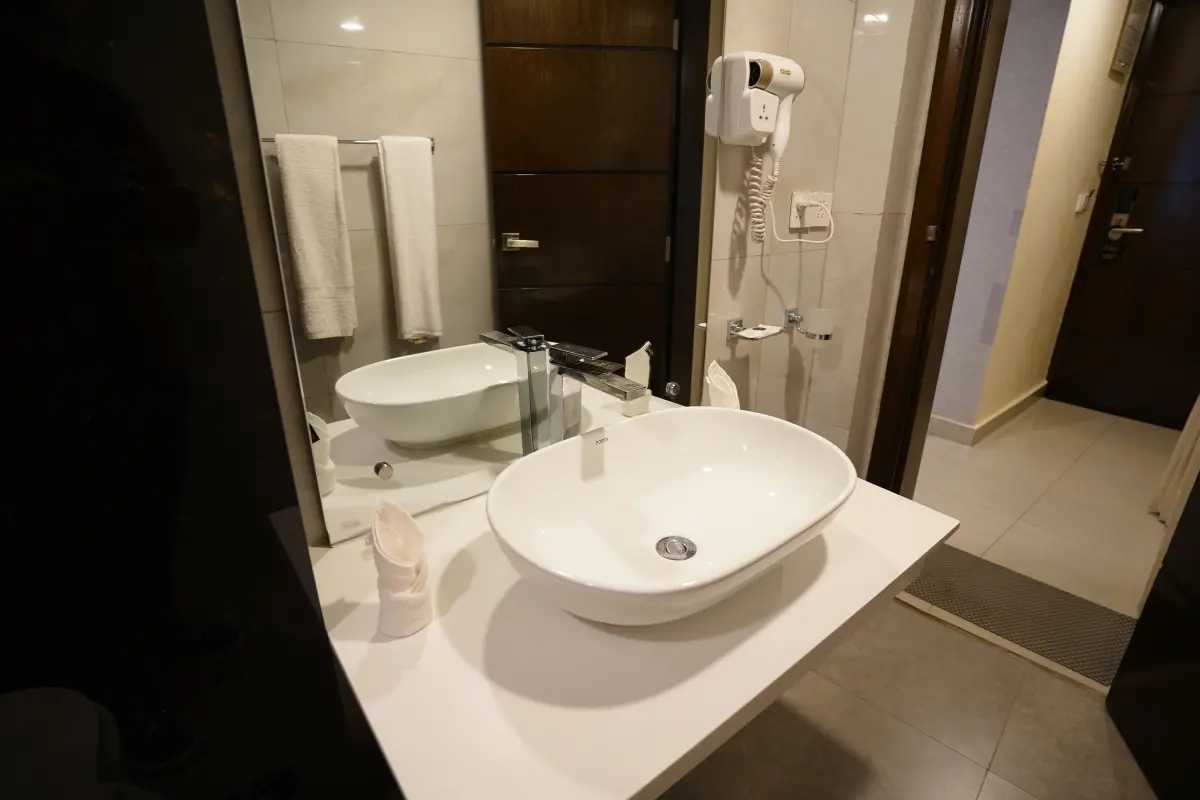 Luxury bathroom with modern accessories in studio room